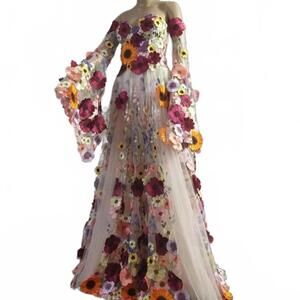 Whimsical Floral Boho Beach Wedding Prom Fairy Dress Removable Sleeves Size 10